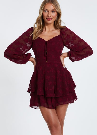 Quiz Red Floral Jacquard Tiered Playsuit