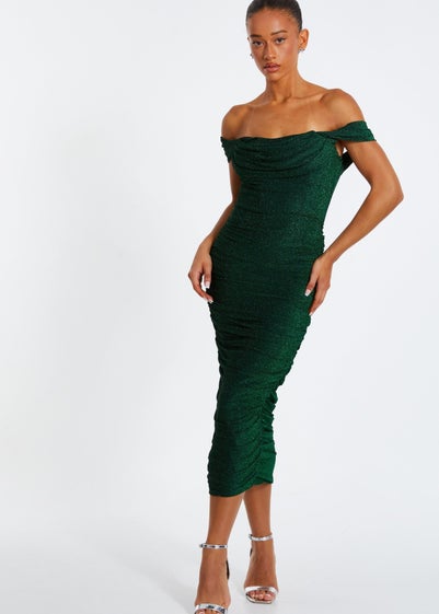 Quiz Green Shimmer Bardot Ruched Midi Dress