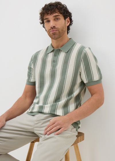 Sage Stripe Knitted Polo Shirt