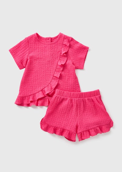 Girls Pink Crinkle Frill Top & Shorts Set (1-7yrs)