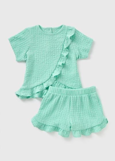 Girls Turquoise Textured Frill Top & Shorts Set (1-7yrs)