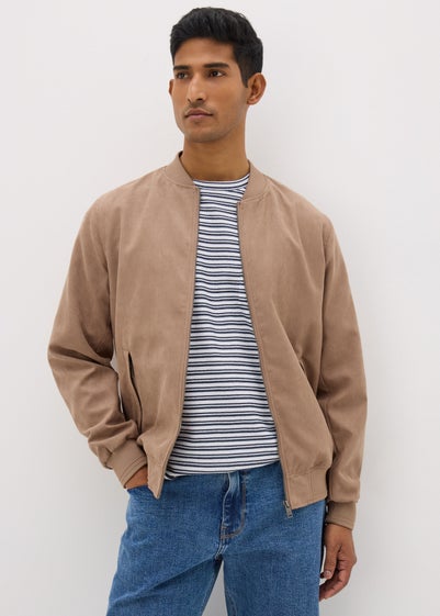 Beige Faux Suede Bomber Jacket