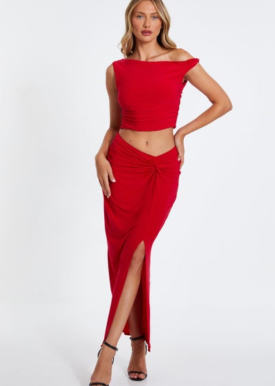 Quiz Red Ruched Split Maxi Skirt