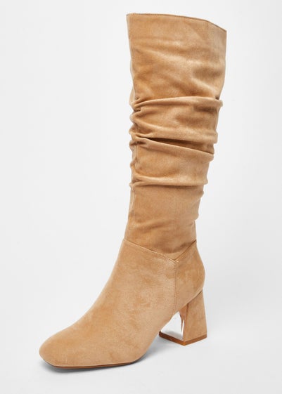 Quiz Taupe Faux Suede Ruched Heeled Boots