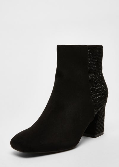 Quiz Black Faux Suede Diamante Heeled Boots