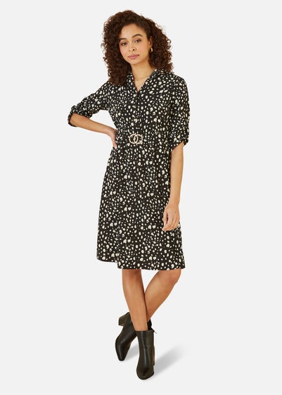 Mela Black Dash Print Skater Dress With Buckle