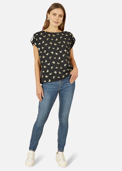 Yumi Black Foil Butterfly Print Top