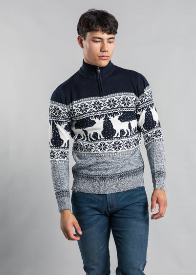 Tokyo Laundry Navy Festive Jacquard Twist Knit 1/4 Zip Jumper