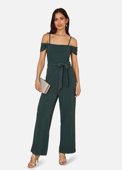 Yumi Green Sparkle Stretch Bardot Jumpsuit