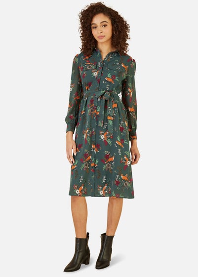 Yumi Green Recycled Fox Print Shirt Midi Dress