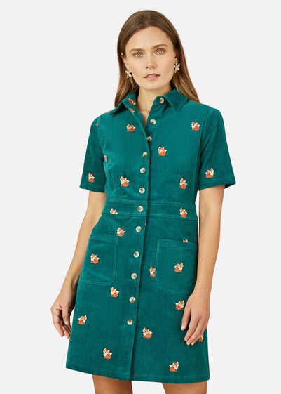 Yumi Teal Cord Shirt Dress With All Over Fox Embroidery