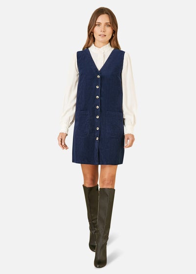 Yumi Navy Cord Button Through Pinafore Dress With Pockets