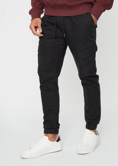 Threadbare Black Cotton Blend Cuffed Cargo Pocket Trousers