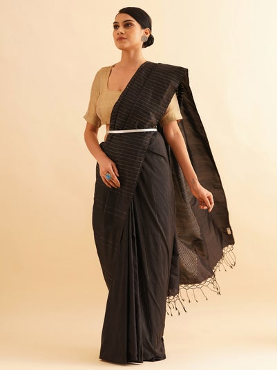 women Black Silk Hand woven Self Design Saree