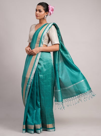 women Teal Blue Silk Hand woven Woven Saree