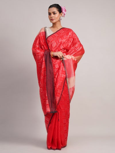 women Red Silk Hand woven Woven Saree