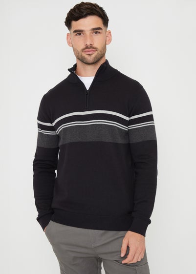 Threadbare Black Colourblock Quarter Zip Knitted Jumper