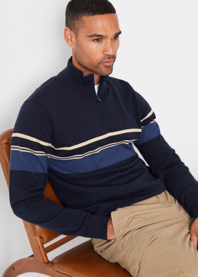 Threadbare Navy Colourblock Quarter Zip Knitted Jumper