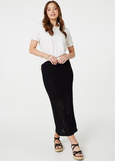 Izabel London Black High Waist Crochet Knit Midi Skirt