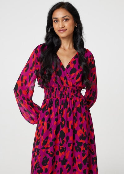 Izabel London Purple Animal Print V-Neck Curve Hem Midi Dress