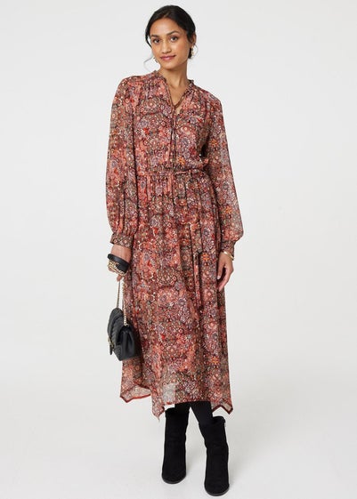 Izabel London Red Floral Paisley Semi Sheer Midi Dress