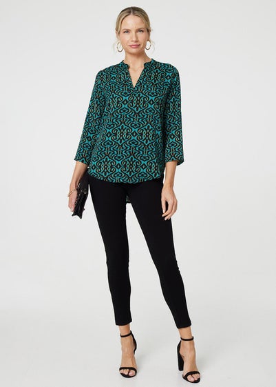 Izabel London Green Aztec Print Curve Hem Blouse