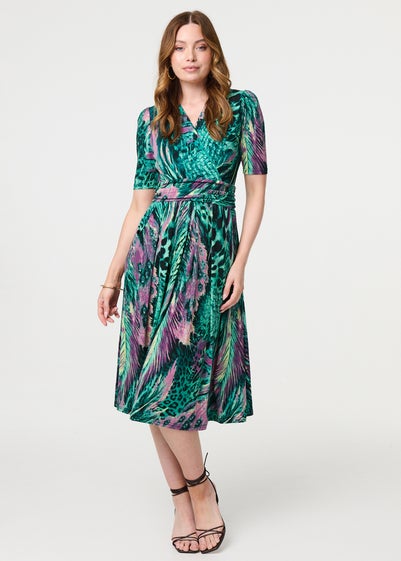 Izabel London Green Feather Print Wrap Midi Dress