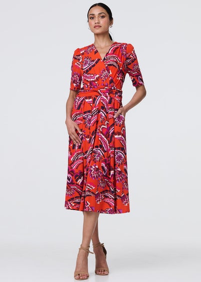 Izabel London Orange Tropical Print Faux Wrap Midi Dress