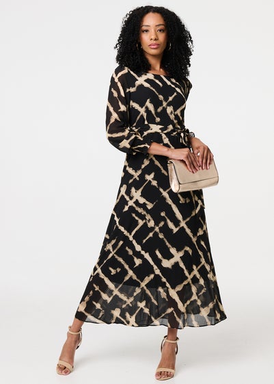 Izabel London Black Printed Long Sleeve Tie Waist Maxi Dress