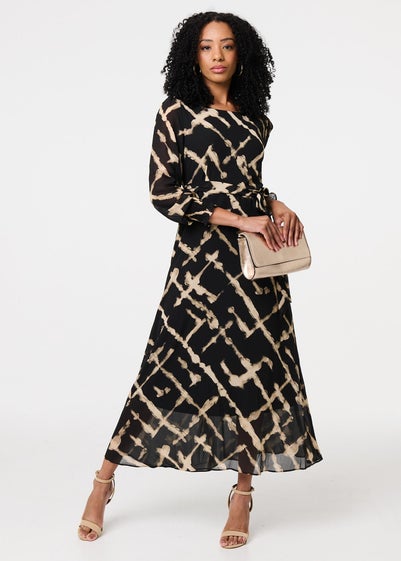 Izabel London Black Printed Long Sleeve Tie Waist Maxi Dress