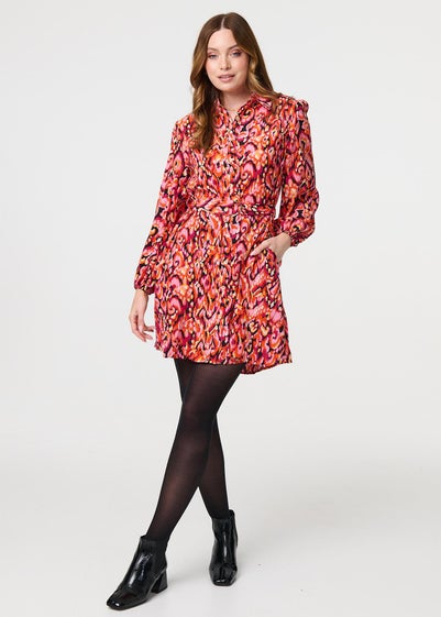 Izabel London Pink Abstract Print Belt Detail Shirt Dress