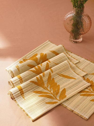 Mustard Yellow Korai Grass Hand Woven Flora And Fauna Mat Pack of 4