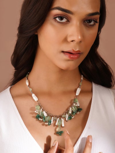 The Palace Jewellery by Alankr Women Silver Silver Traditional Toggle Green Aventurine Necklace