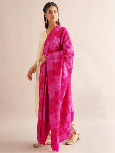 LOV KUSH Women Fuchsia Pink Chiffon Phulkari Embroidered Dupatta