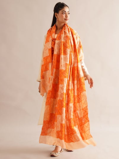 LOV KUSH Women Orange Chiffon Phulkari Embroidered Dupatta