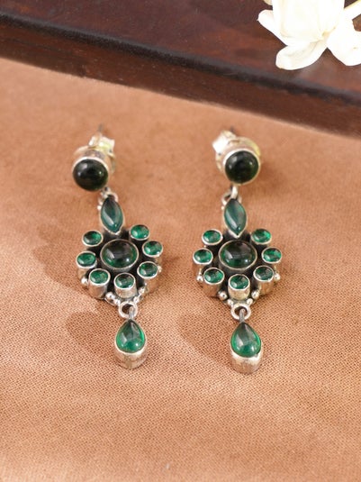 Turquoise Jewels Women Silver Silver Traditional Push Back Emerald Danglers