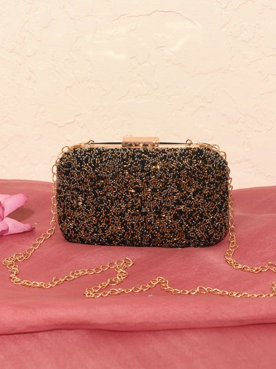 Women Black Jacquard Sling Rectangular Clutch