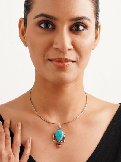 Ethnika by Deepika Sunder Women Silver Silver Fashion Spring Ring Turquoise Necklace