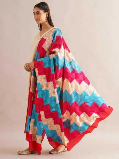 LOV KUSH Women Multicolour Chiffon Phulkari Embroidered Dupatta