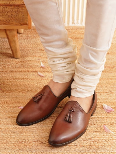 Men Brown Genuine Leather Solid Tassels Shoes - 7