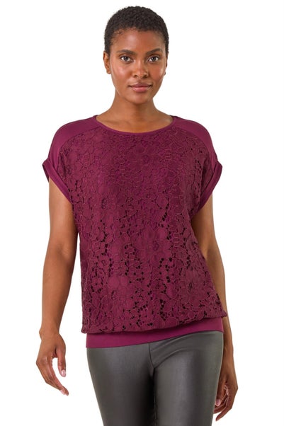 Roman Wine Lace Front Stretch Jersey Top