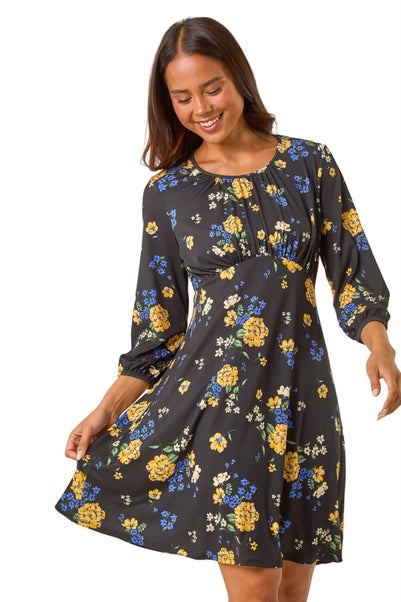 Roman Black Petite Floral Print Gathered Waist Dress