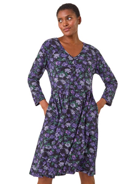 Roman Purple Floral Print Button Detail V-Neck Dress