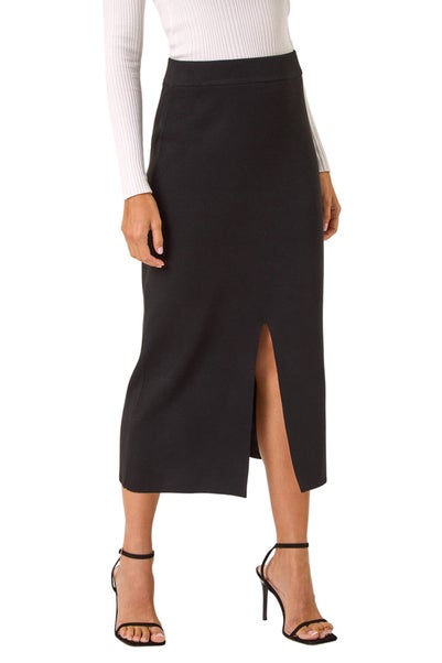 Roman Black Front Split Knitted Midi Skirt