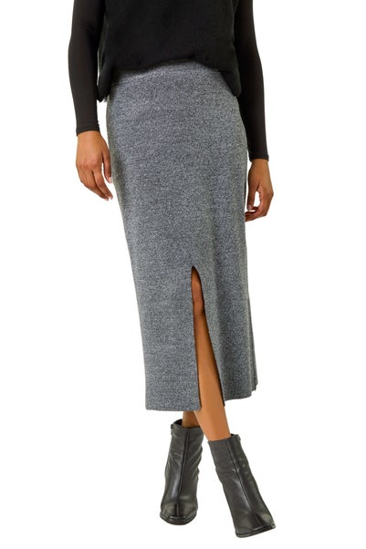 Roman Grey Front Split Knitted Midi Skirt