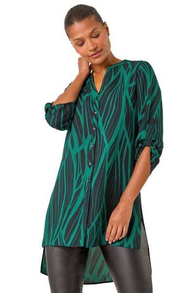 Roman Green Abstract Print V-Neck Longline Blouse