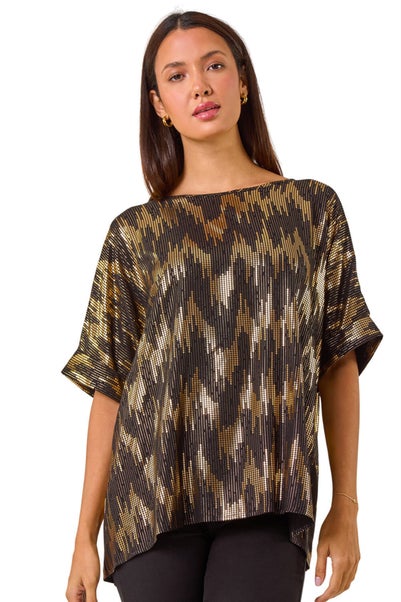 Roman Black Foil Print Button Detail Oversized Tee