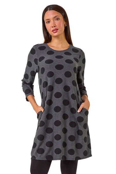 Roman Dark Grey A-Line Spot Print Dress