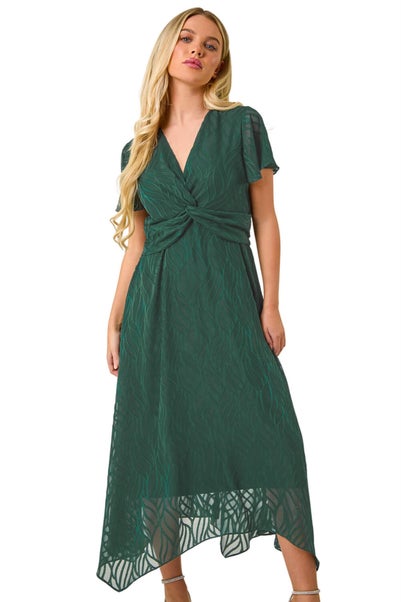 Roman Green Petite Front Twist Jacquard Dress