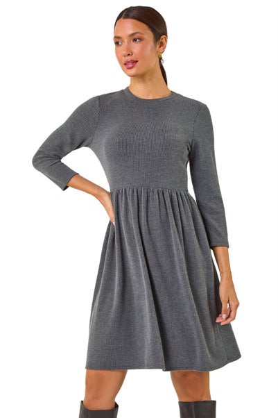 Roman Grey Ribbed Gathered Waist Stretch Dress